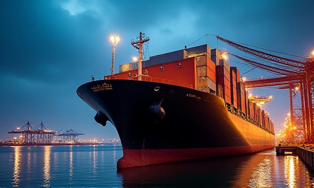 A large cargo ship at a port representing global supply chains