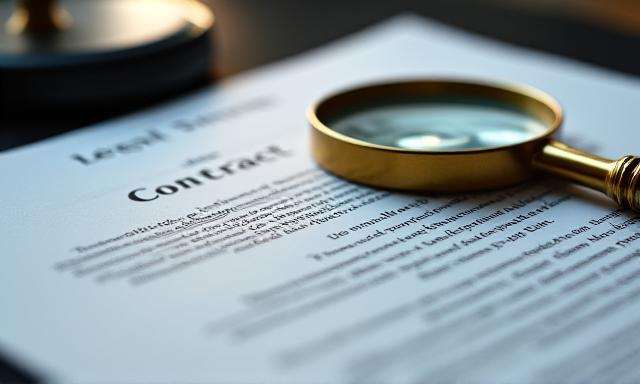 Close-up of a legal contract with a magnifying glass over manufacturing terms