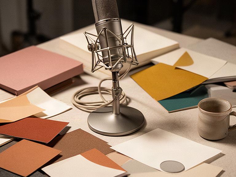 Podcastcover van Aan tafel met de maker met studiomicrofoon en kleurstalen