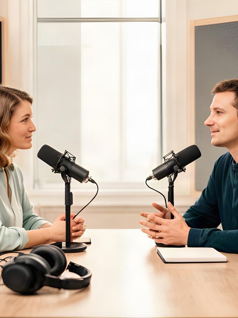 Twee ondernemers aan tafel met microfoons tijdens een podcastopname in een lichte studio