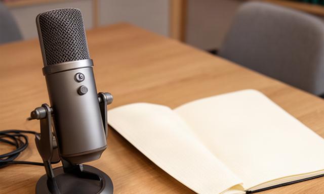 Podcastmicrofoon en notitieboek voor een interne organisatiepodcast