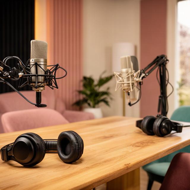 Warme podcaststudio in Putten met twee microfoons, koptelefoons en houten tafel