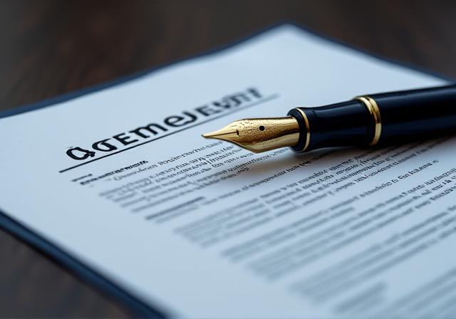 Close up of a legal document on a steel desk with a gold pen
