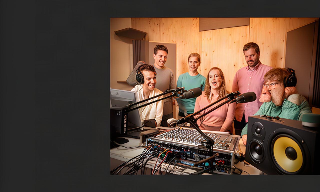 Podcastteam in een warme studio in Putten met microfoons, mengtafel en houten wand