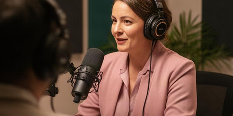 Presentator met koptelefoon in een rustige podcaststudio tijdens een interview