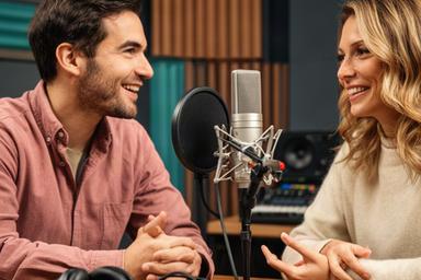 Baidoo Sarkouk in een podcaststudio tijdens overleg met een klant naast een professionele microfoon