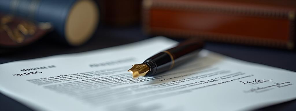 Close-up of a high-quality leather-bound law book and a fountain pen on a mahogany desk